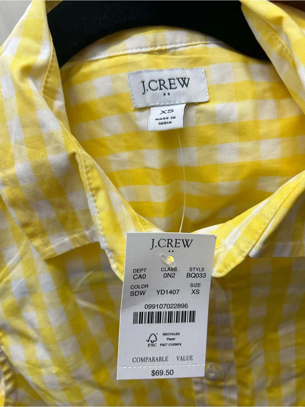 J. Crew Yellow and White Gingham Sleeveless Button Shirt